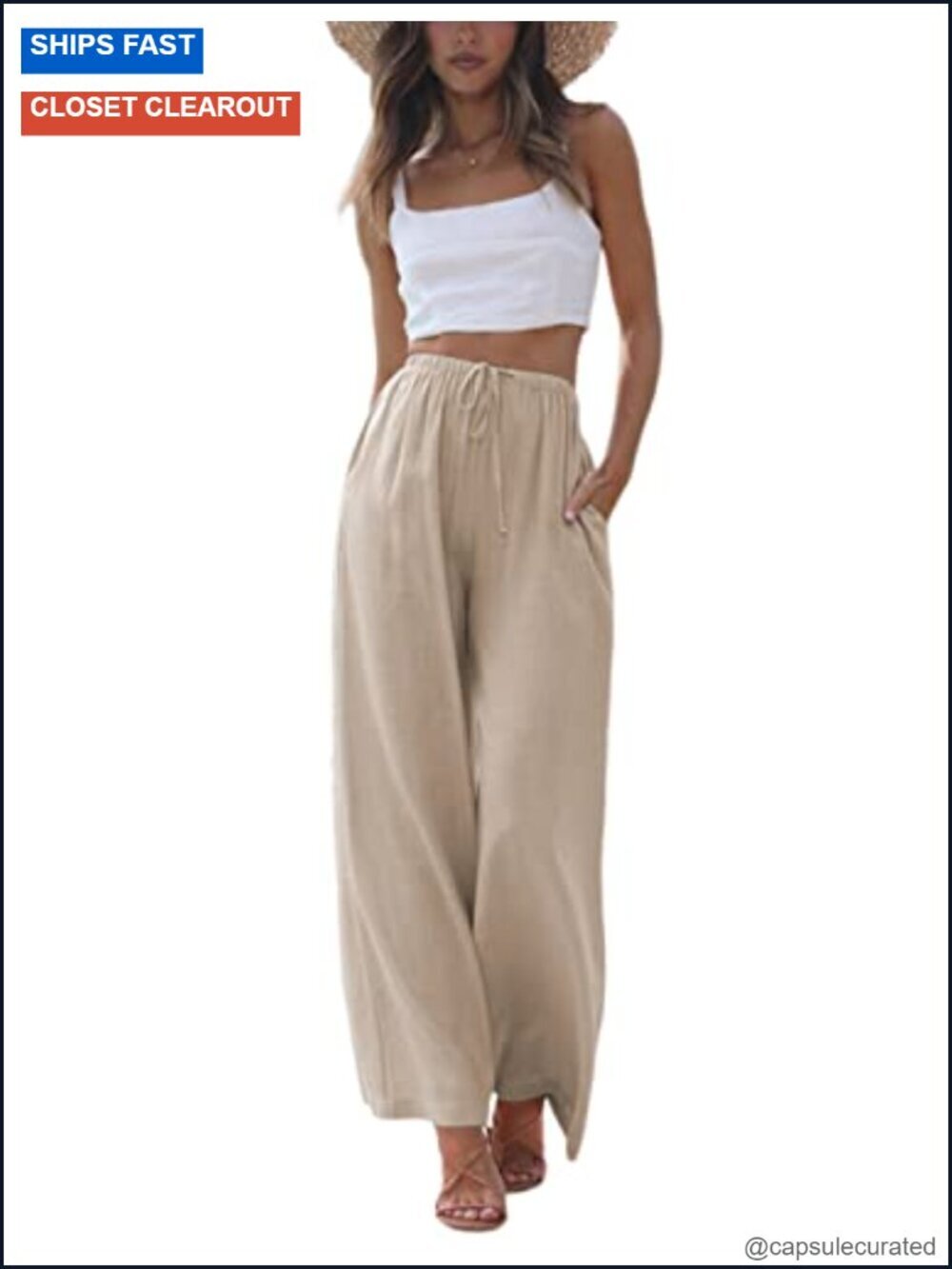 Cotton Linen Palazzo Pants Flowy Wide Leg Beach Trousers with Pockets